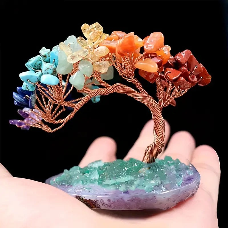 Money Tree with Chakra Stones & Agate Base – Healing & Prosperity Decor