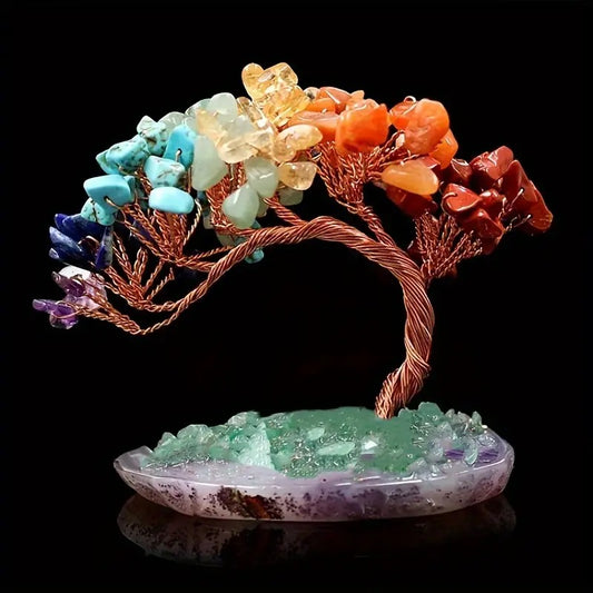 Money Tree with Chakra Stones & Agate Base – Healing & Prosperity Decor
